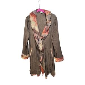 Design Todays Brown Crinkle Nylon Ruffle Duster Coat Jacket XL Art to Wear USA